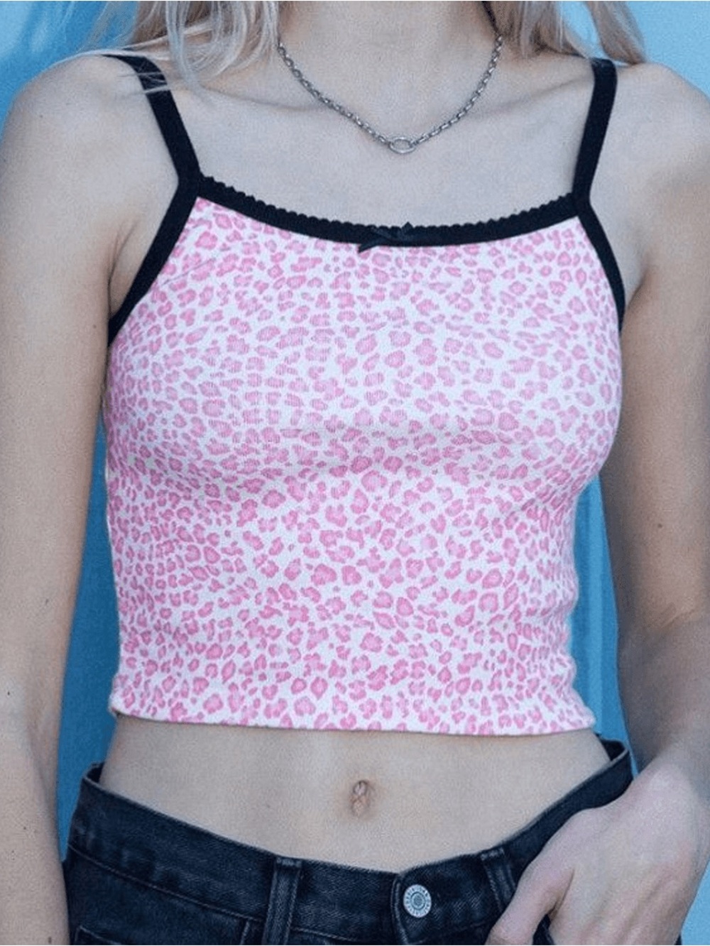 Brandy Melville Pink Cheetah Belle Style Bow Tank Top Camisole sz XS/S Stretch